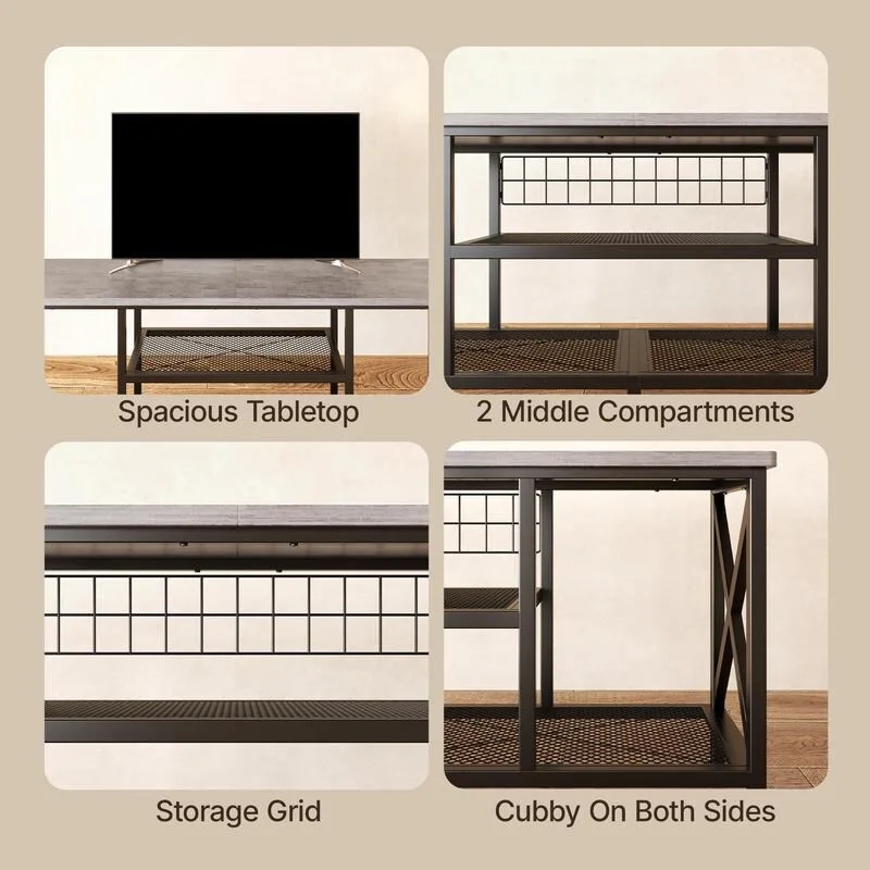 Meuble TV industriel pour téléviseurs de chambre à coucher avec étagères de rangement ouvertes