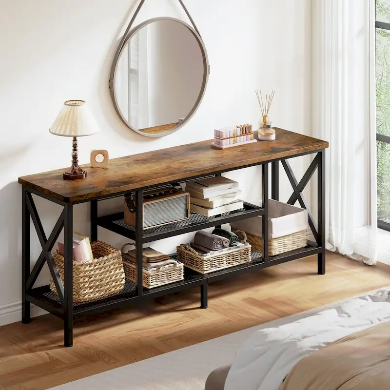 Meuble TV industriel pour téléviseurs de chambre à coucher avec étagères de rangement ouvertes