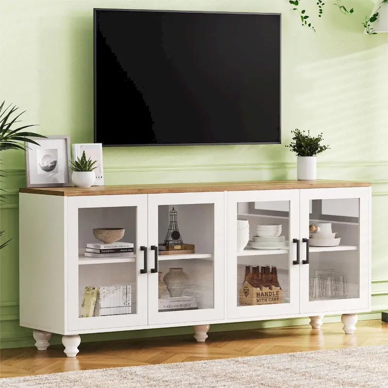 Meuble TV pour téléviseurs jusqu'à 70 pouces, buffet polyvalent, étagères réglables, portes en verre trempé, buffet avec 5 pieds en forme de calebasse