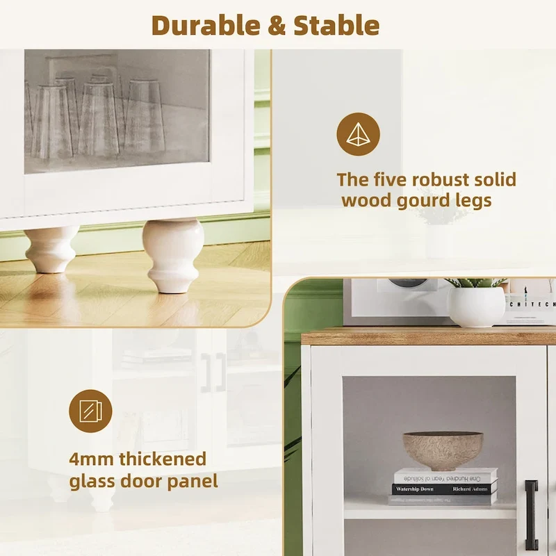Meuble TV pour téléviseurs jusqu'à 70 pouces, buffet polyvalent, étagères réglables, portes en verre trempé, buffet avec 5 pieds en forme de calebasse