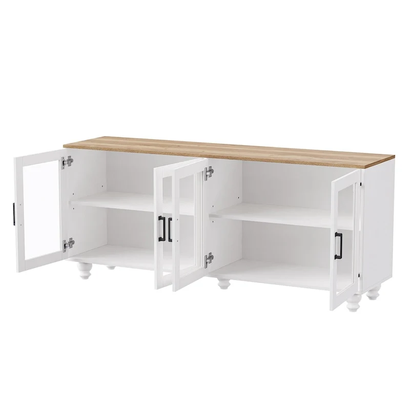 Meuble TV pour téléviseurs jusqu'à 70 pouces, buffet polyvalent, étagères réglables, portes en verre trempé, buffet avec 5 pieds en forme de calebasse