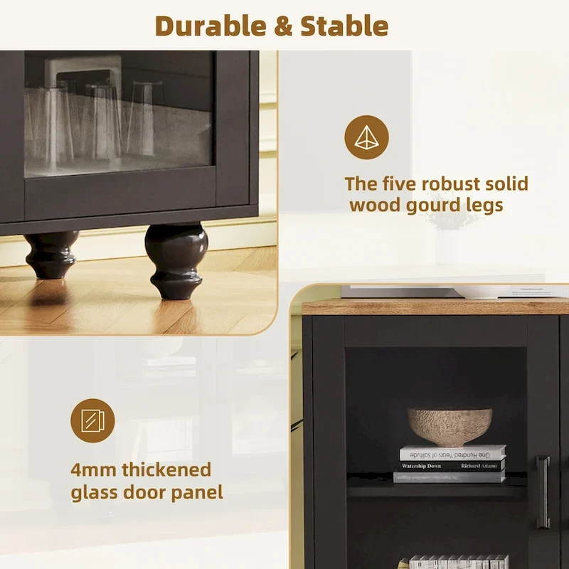 Meuble TV pour téléviseurs jusqu'à 70 pouces, buffet polyvalent, étagères réglables, portes en verre trempé, buffet avec 5 pieds en forme de calebasse