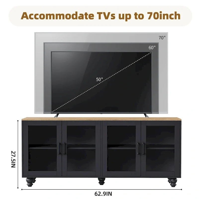 Meuble TV pour téléviseurs jusqu'à 70 pouces, buffet polyvalent, étagères réglables, portes en verre trempé, buffet avec 5 pieds en forme de calebasse