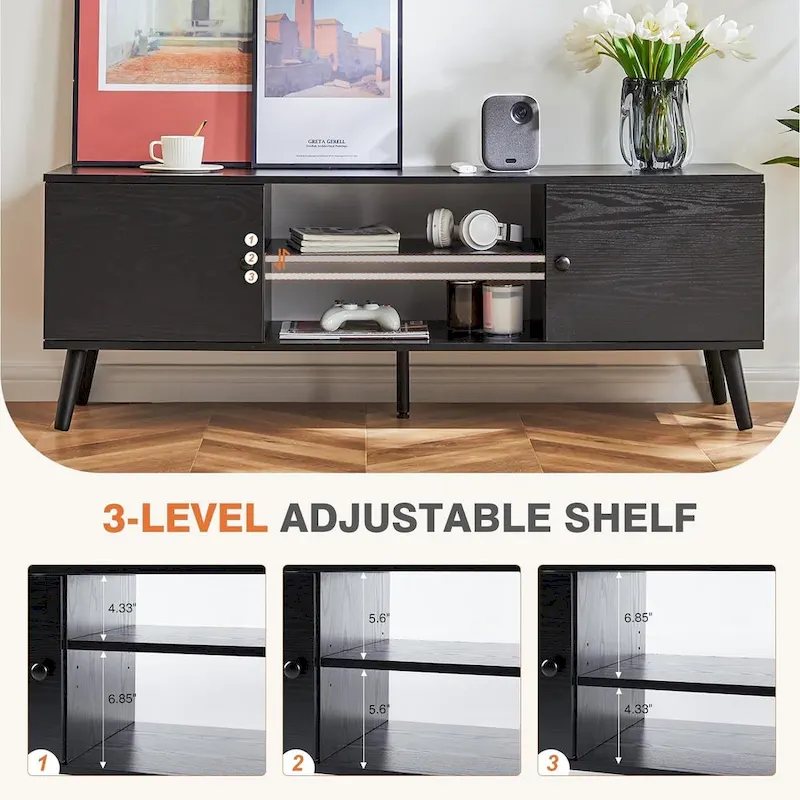 Meuble TV pour téléviseur 55 60 pouces, Meuble TV avec placard de rangement, Table console média de style moderne du milieu du siècle, Charnière réglable
