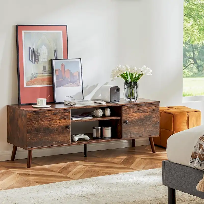 Meuble TV pour téléviseur 55 60 pouces, Meuble TV avec placard de rangement, Table console média de style moderne du milieu du siècle, Charnière réglable