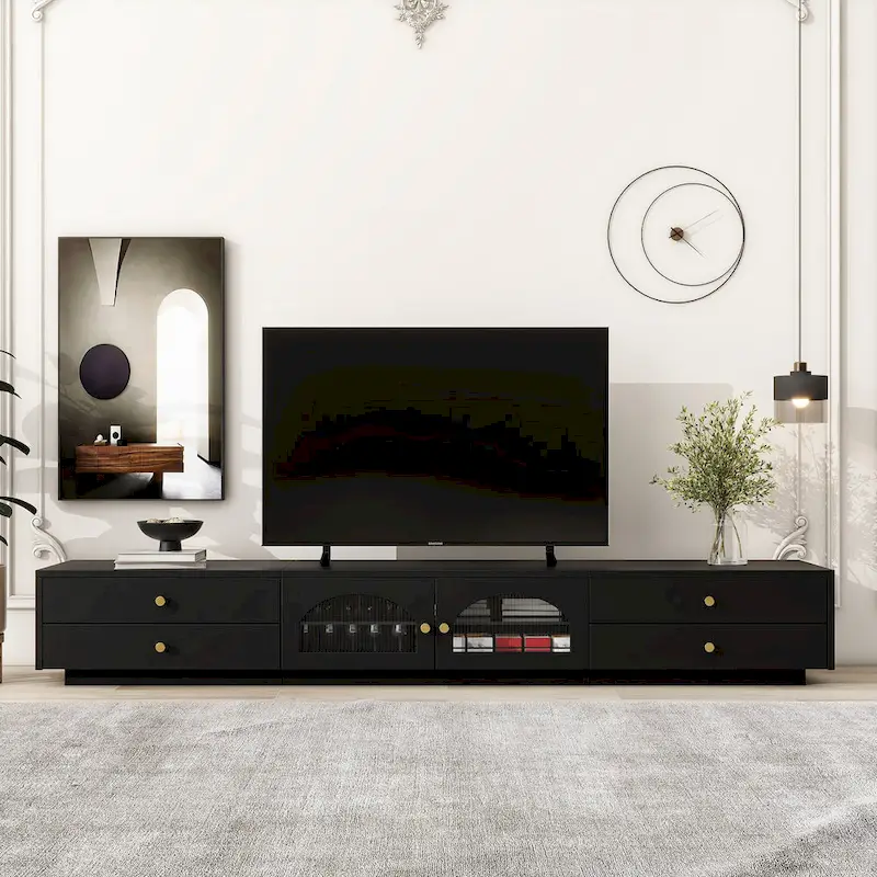 Meuble TV de luxe de 86 pouces, console média avec portes en verre cannelé et quatre tiroirs - 15,70 x 86,60 x 12,80