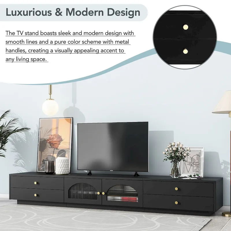 Meuble TV de luxe de 86 pouces, console média avec portes en verre cannelé et quatre tiroirs - 15,70 x 86,60 x 12,80