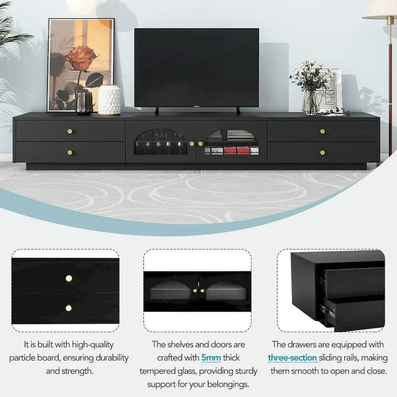 Meuble TV de luxe de 86 pouces, console média avec portes en verre cannelé et quatre tiroirs - 15,70 x 86,60 x 12,80