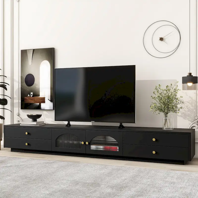 Meuble TV de luxe de 86 pouces, console média avec portes en verre cannelé et quatre tiroirs - 15,70 x 86,60 x 12,80