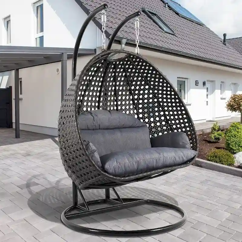 Fauteuil suspendu en forme d'œuf avec support métallique, cadre en osier et coussin – Beige / Bleu anthracite / Blanc / Bleu / Blanc antique / Marron / Toile, 2 places