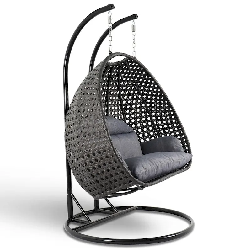Fauteuil suspendu en forme d'œuf avec support métallique, cadre en osier et coussin – Beige / Bleu anthracite / Blanc / Bleu / Blanc antique / Marron / Toile, 2 places