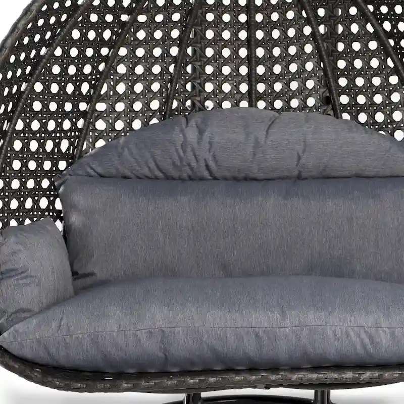 Fauteuil suspendu en forme d'œuf avec support métallique, cadre en osier et coussin – Beige / Bleu anthracite / Blanc / Bleu / Blanc antique / Marron / Toile, 2 places