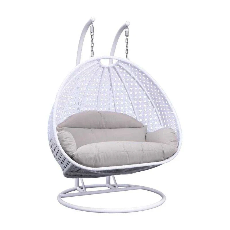 Fauteuil suspendu en forme d'œuf avec support métallique, cadre en osier et coussin – Beige / Bleu anthracite / Blanc / Bleu / Blanc antique / Marron / Toile, 2 places