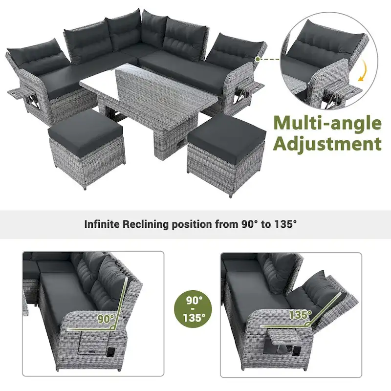 Ensemble de meubles de jardin en rotin avec table réglable, chaises longues et 2 poufs