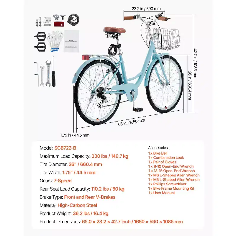 Vélo de croisière VEVOR, 7 vitesses, 26 pouces, bleu clair, avec grand panier et porte-bagages arrière, vélo de croisière sûr et robuste, bleu clair