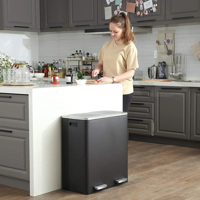 SONGMICS Poubelle double, 60L, en acier inoxydable, noire