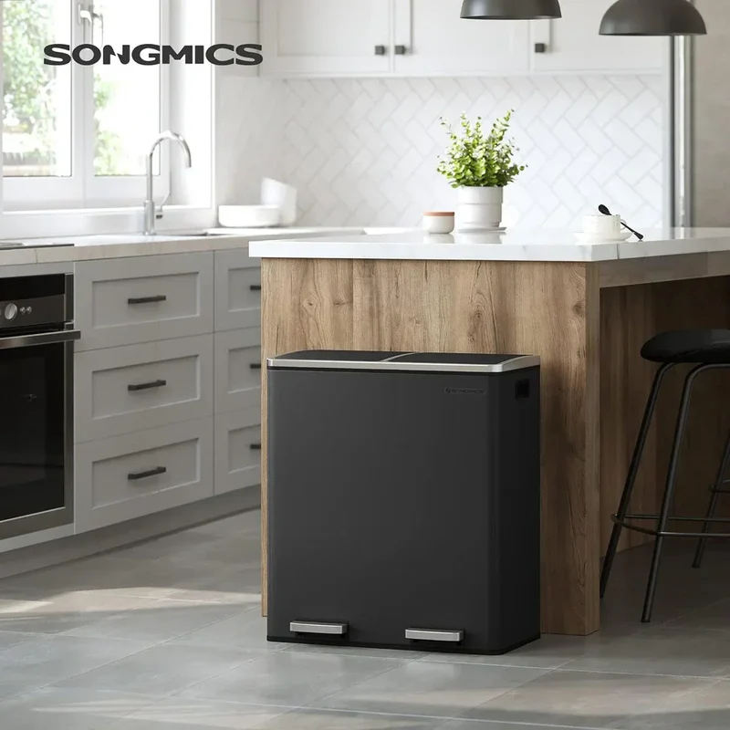 SONGMICS Poubelle double, 60L, en acier inoxydable, noire