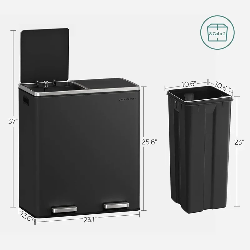 SONGMICS Poubelle double, 60L, en acier inoxydable, noire