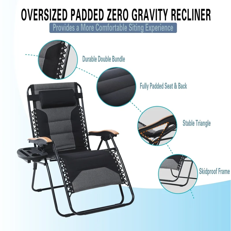 Fauteuil de relaxation zéro gravité XL surdimensionné rembourré avec accoudoirs plus larges et porte-gobelet réglable - N/A