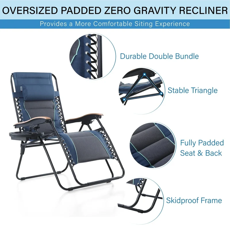 Fauteuil de relaxation zéro gravité XL surdimensionné rembourré avec accoudoirs plus larges et porte-gobelet réglable - N/A