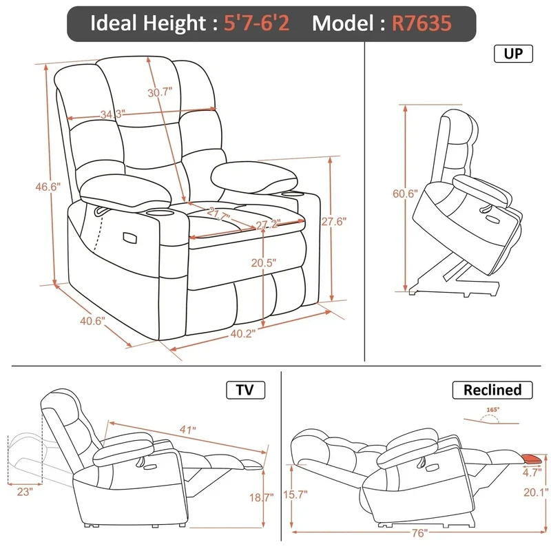 Fauteuil inclinable électrique double moteur grand et large MCombo avec massage et double chauffage pour personnes âgées de grande taille, tissu R7635