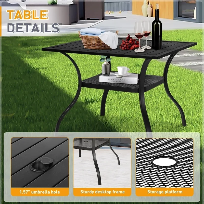 SUNCROWN Salon de jardin 5/7 pièces en acier avec table à lattes métalliques et chaises empilables Structure thermolaquée