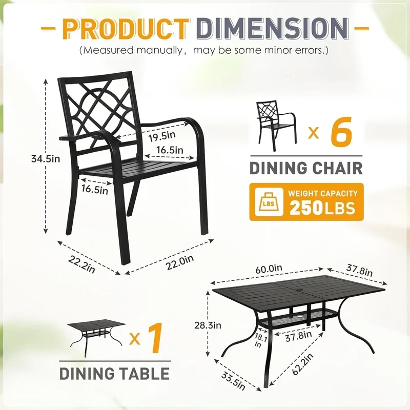 SUNCROWN Salon de jardin 5/7 pièces en acier avec table à lattes métalliques et chaises empilables Structure thermolaquée
