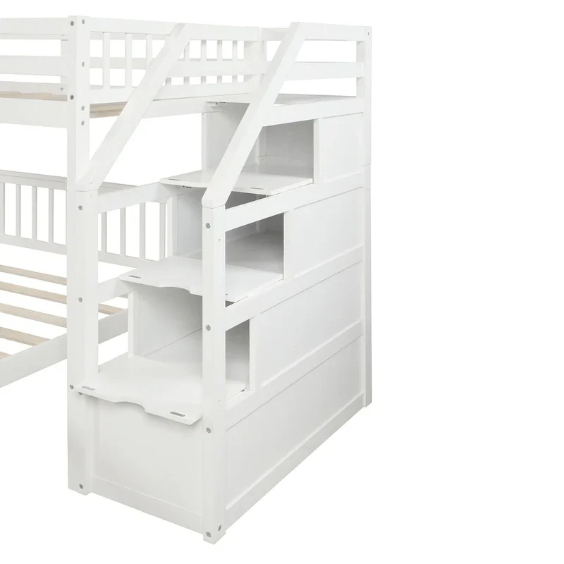 Lit mezzanine double sur lit double en bois avec escalier, balustrades hautes et échelle