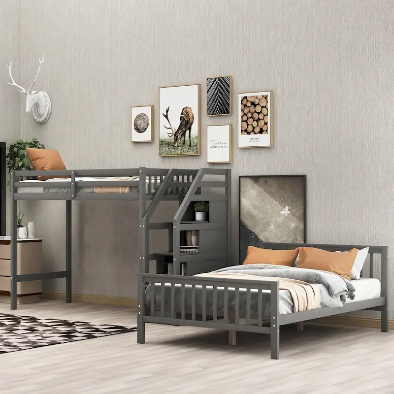 Lit mezzanine double sur lit double en bois avec escalier, balustrades hautes et échelle