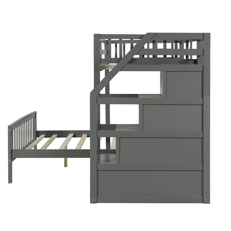 Lit mezzanine double sur lit double en bois avec escalier, balustrades hautes et échelle