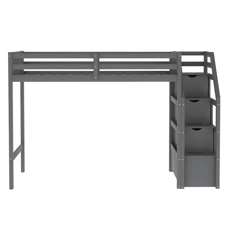 Lit mezzanine double sur lit double en bois avec escalier, balustrades hautes et échelle