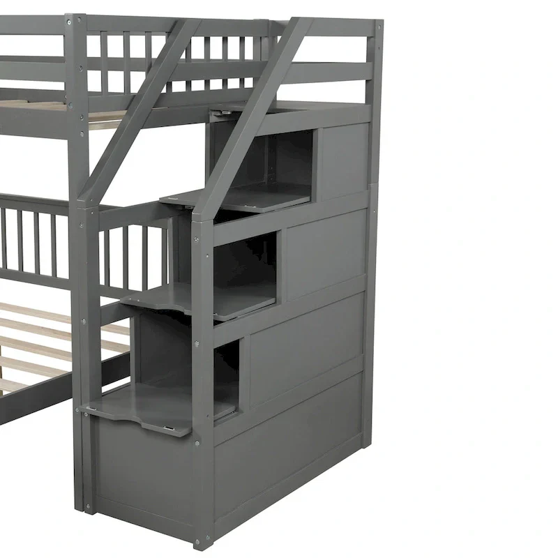 Lit mezzanine double sur lit double en bois avec escalier, balustrades hautes et échelle