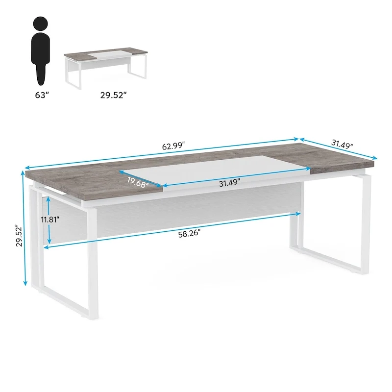 Bureau d'ordinateur exécutif moderne de 63 po, bureau de télétravail de 5 pi (Bureau seulement)