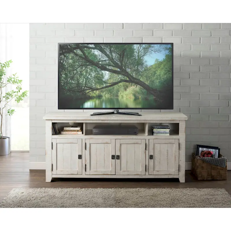 Meuble TV en bois massif de 165 cm de large avec rangement
