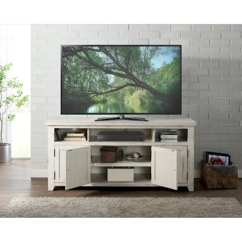 Meuble TV en bois massif de 165 cm de large avec rangement