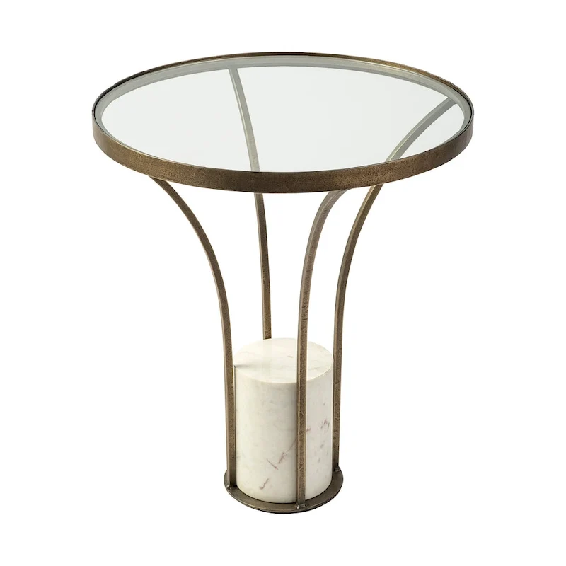 Table d'appoint ronde avec plateau en verre, métal doré et piédestal en marbre blanc