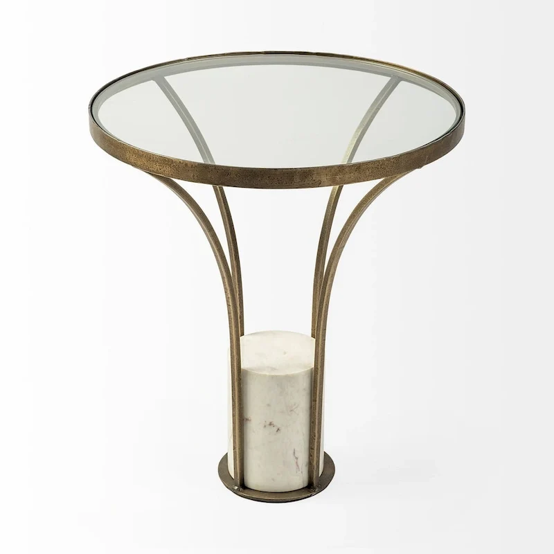 Table d'appoint ronde avec plateau en verre, métal doré et piédestal en marbre blanc