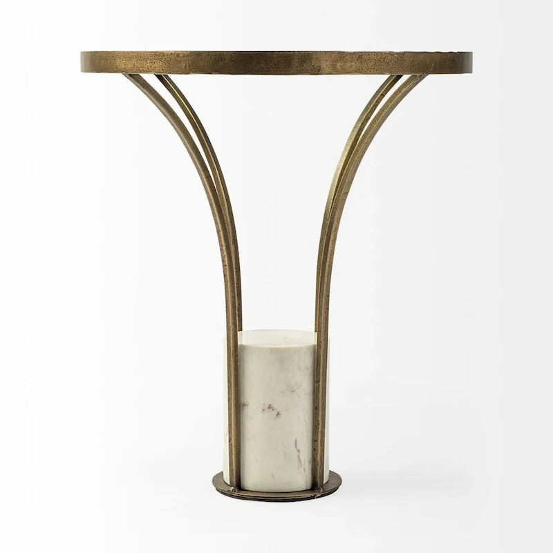 Table d'appoint ronde avec plateau en verre, métal doré et piédestal en marbre blanc