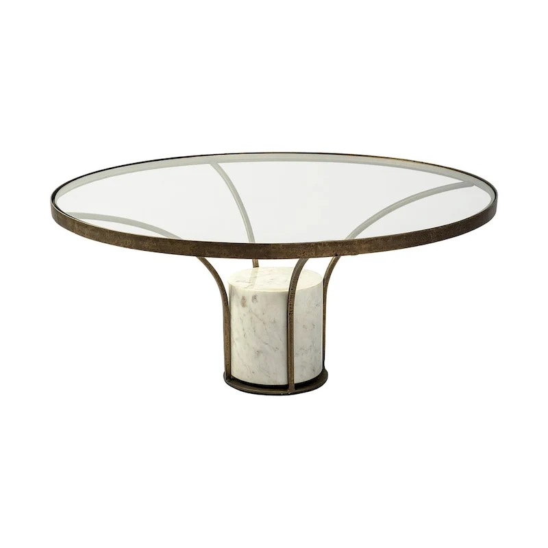 Table d'appoint ronde avec plateau en verre, métal doré et piédestal en marbre blanc