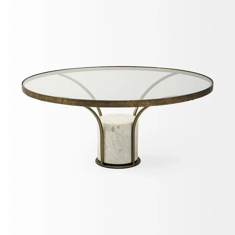 Table d'appoint ronde avec plateau en verre, métal doré et piédestal en marbre blanc