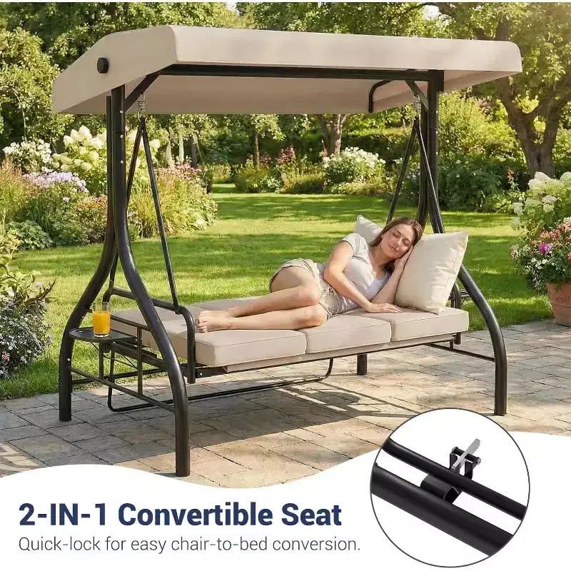 Balançoire de jardin convertible 2-en-1 à 3 places avec auvent réglable, lit de balançoire de patio avec support, coussins épais et porte-gobelets, pour jardin, cour ou porche