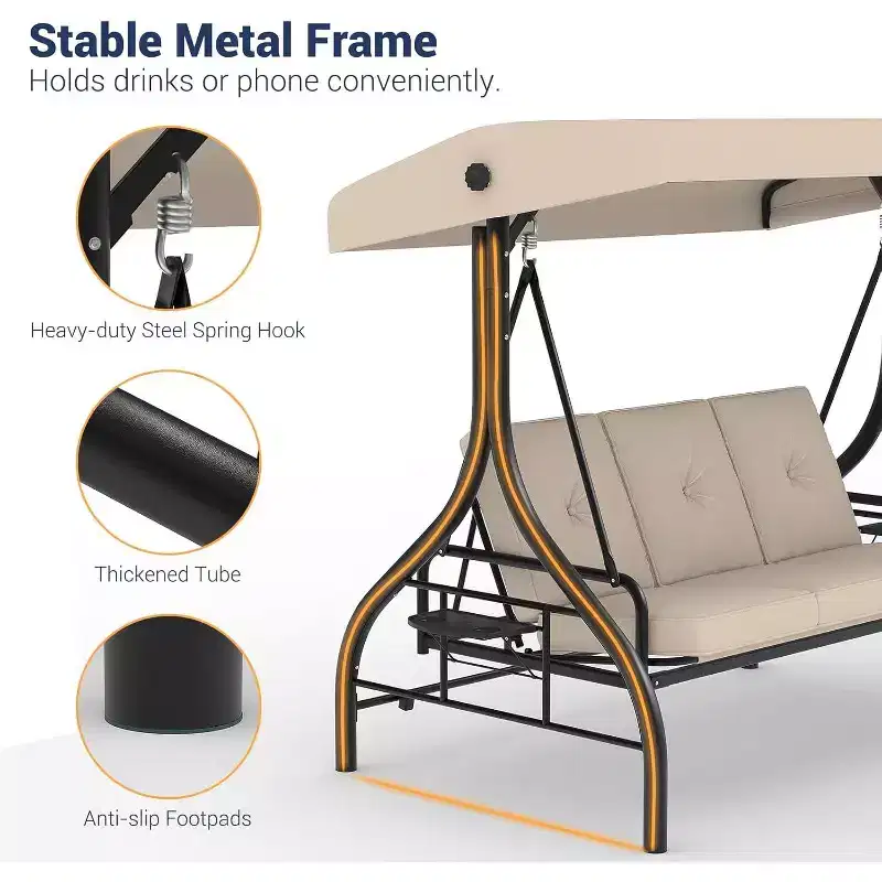 Balançoire de jardin convertible 2-en-1 à 3 places avec auvent réglable, lit de balançoire de patio avec support, coussins épais et porte-gobelets, pour jardin, cour ou porche