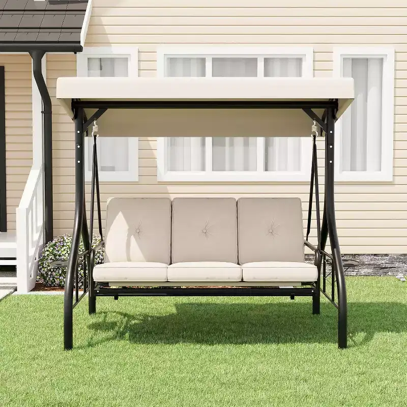 Balançoire de jardin convertible 2-en-1 à 3 places avec auvent réglable, lit de balançoire de patio avec support, coussins épais et porte-gobelets, pour jardin, cour ou porche