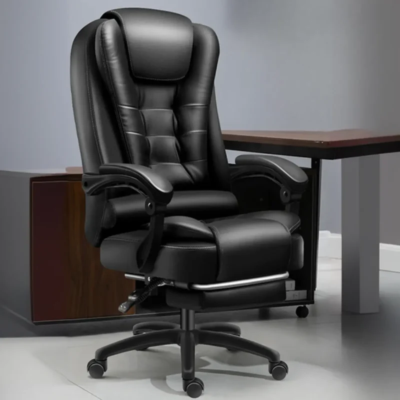 Chaise de bureau pivotante ergonomique en cuir noir avec repose-pieds