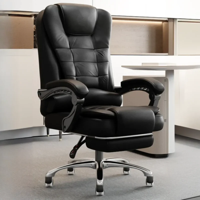Chaise de bureau pivotante ergonomique en cuir noir avec repose-pieds