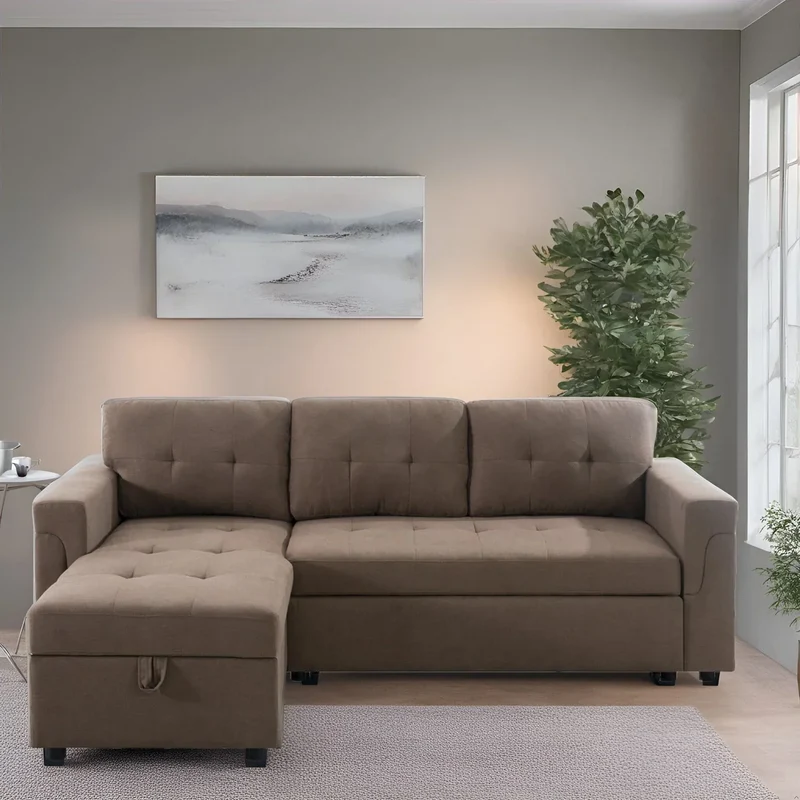 Canapé d'angle réversible convertible avec lit gigogne, méridienne de rangement et pieds durables