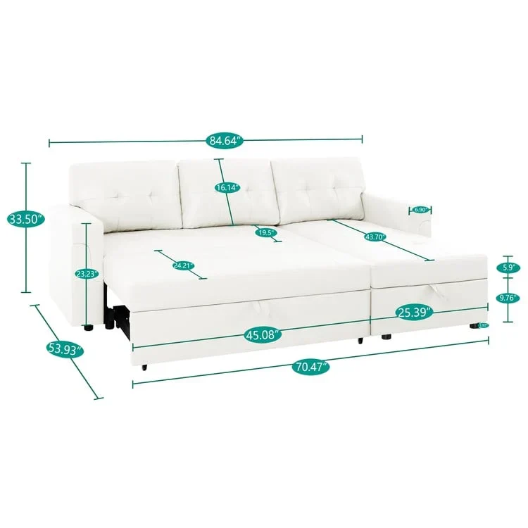 Canapé d'angle réversible convertible avec lit gigogne, méridienne de rangement et pieds durables