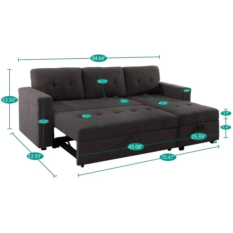 Canapé d'angle réversible convertible avec lit gigogne, méridienne de rangement et pieds durables