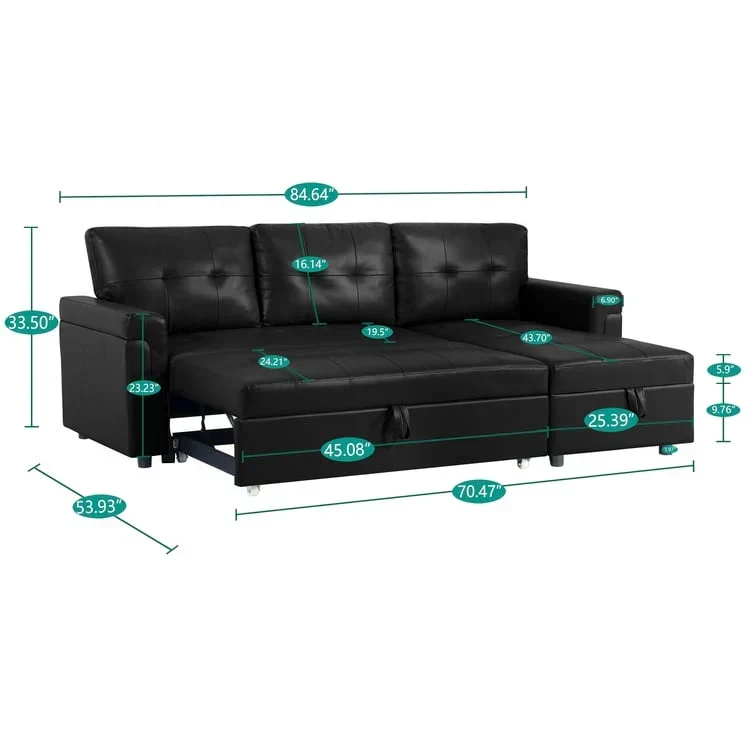 Canapé d'angle réversible convertible avec lit gigogne, méridienne de rangement et pieds durables