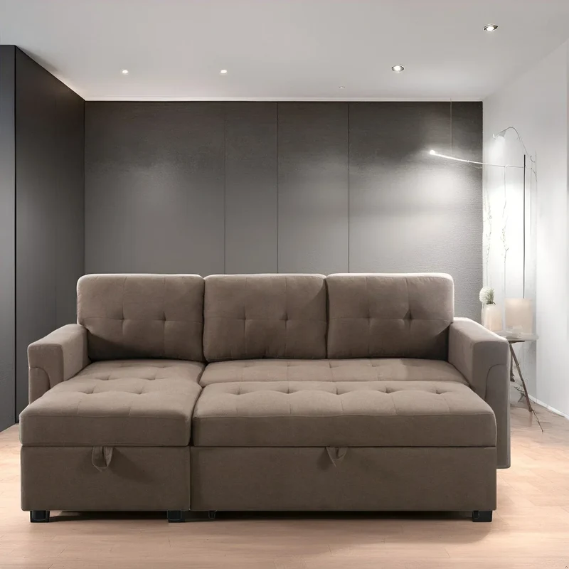 Canapé d'angle réversible convertible avec lit gigogne, méridienne de rangement et pieds durables
